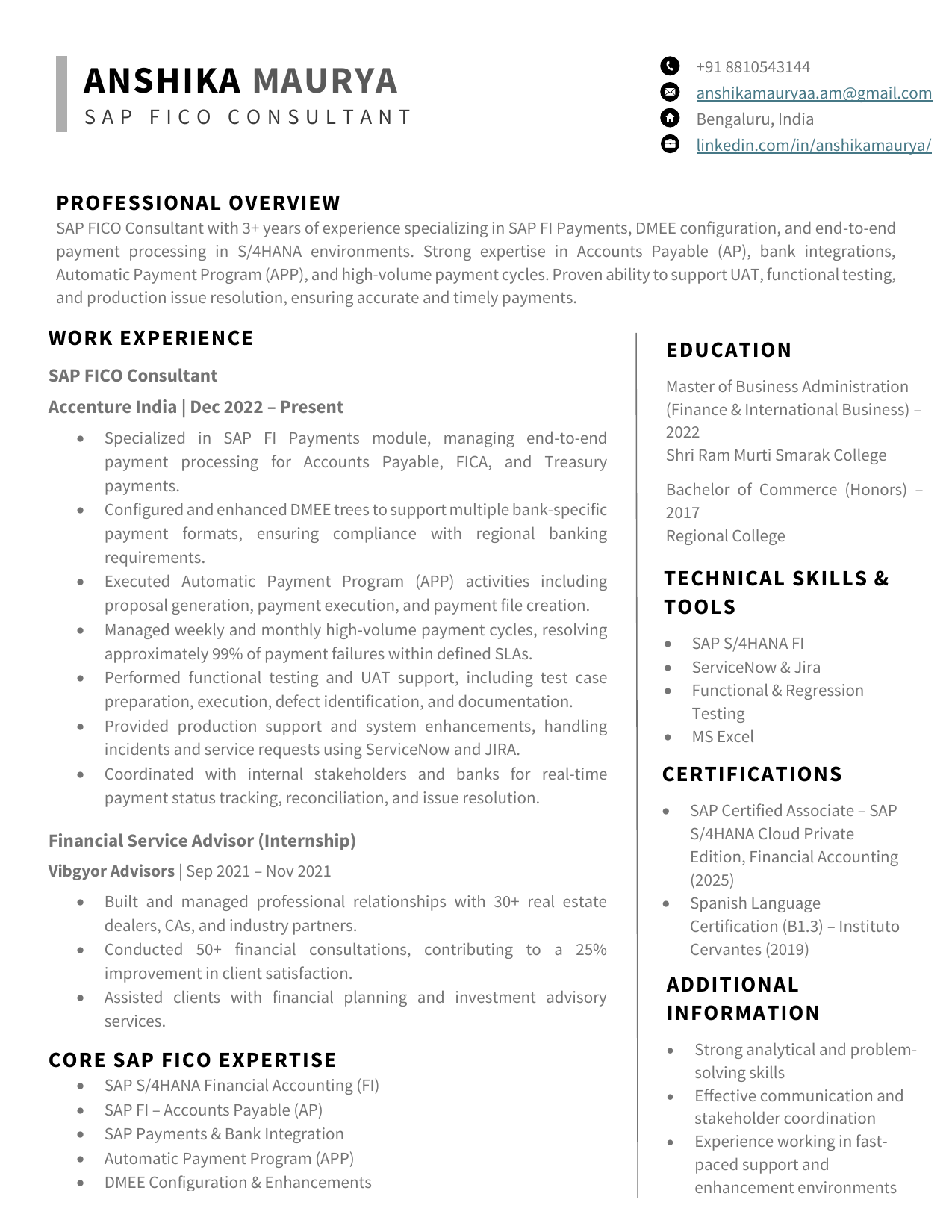 Preview of Anshika Maurya's SAP FICO resume